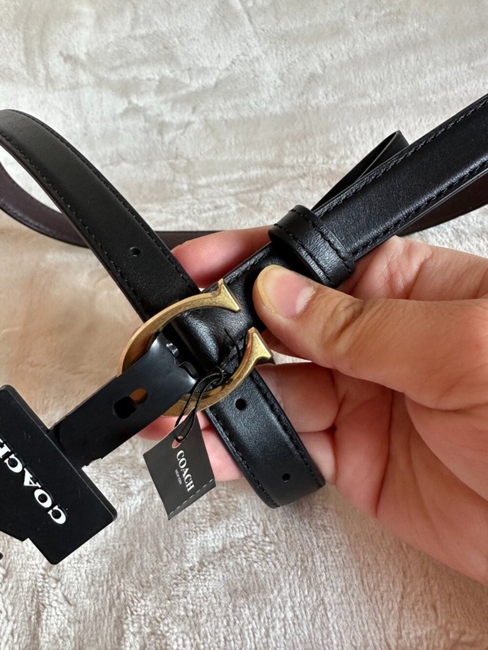 NWT! Coach 89352 Signature Buckle Belt 18mm In Black/Oxblood & Gold tone Size S - Picture 2 of 5